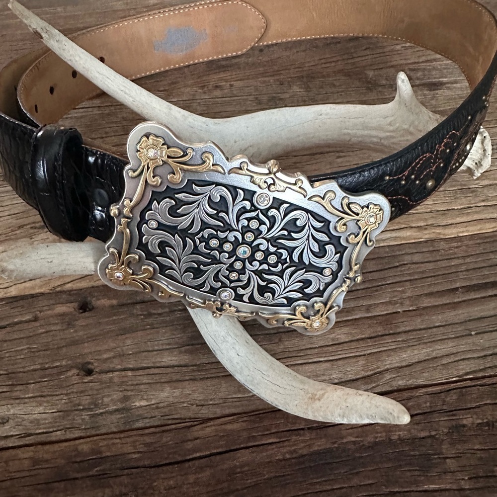 Justin Boots Black Vintage Leather Belt and Ornate Crystal Embedded Buckle